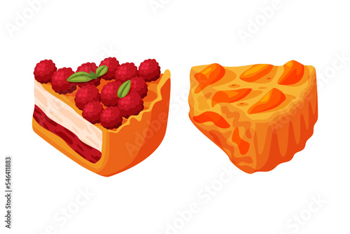 Cut Piece of Baked Pie with Sweet Creamy Filling and Shortcrust Pastry Vector Set