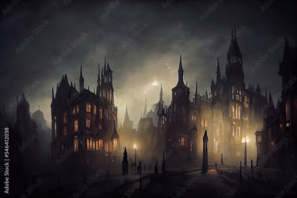 Fantasy cityscape in Victorian gothic style background illustration. Gloomy dark grungy style. Digital illustration. 3d render. Fantasy cityscape in Victorian gothic style background illustration. Gloomy dark grungy style. Digital illustration. 3d render.