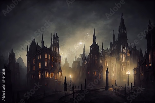 Fantasy cityscape in Victorian gothic style background illustration. Gloomy dark grungy style. Digital illustration. 3d render. 