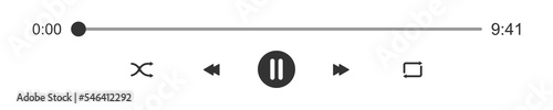 Mediaplayer progress loading bar with time slider. Pause, shuffle, repeat, rewind and fast forward buttons. Audio or video player playback panel interface elements. Vector graphic illustration