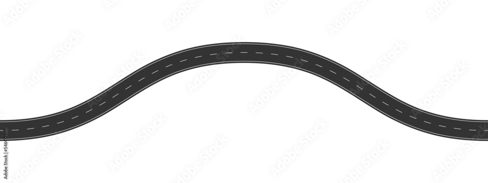 Winding asphalt roadway with marking. Top aerial view. Seamless highway template. Element of city street or countryside map isolated on white background. Vector flat illustration Winding asphalt roadway with marking. Top aerial view. Seamless highway template. Element of city street or countryside map isolated on white background. Vector flat illustration