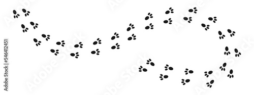 Bunny pawprints. Rabbit paw silhouettes stamps. Trace of wet or mud steps of running or walking hare isolated on white background. Vector graphic illustration.