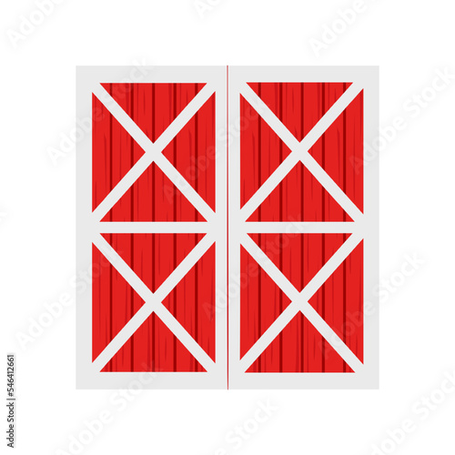 Red barn door with wooden texture isolated on white background. Front view. Element of farm warehouse building. Vector cartoon illustration.