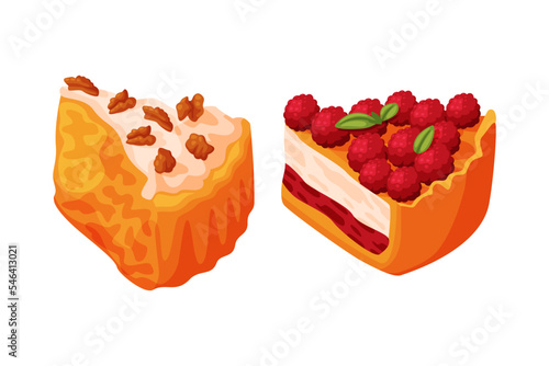 Cut Piece of Baked Pie with Sweet Creamy Filling and Shortcrust Pastry Vector Set