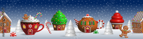 Seamless christmas banner with sweets landscape. fantasy landscape with cakes and candies