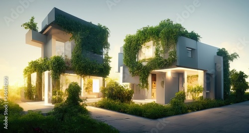 Futuristic eco house environmentaly friendly housing design, Zero Emission House, net-zero home building, concept illustration