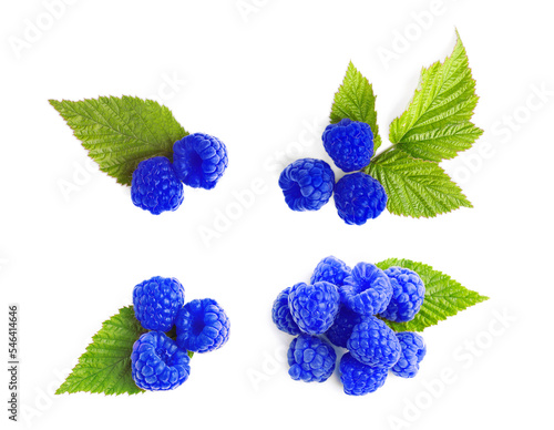 Set with fresh tasty blue raspberries on white background