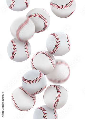 Many baseball balls falling on white background