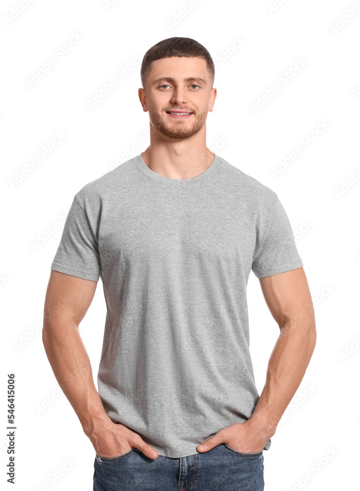 Fototapeta premium Man wearing grey t-shirt on white background. Mockup for design