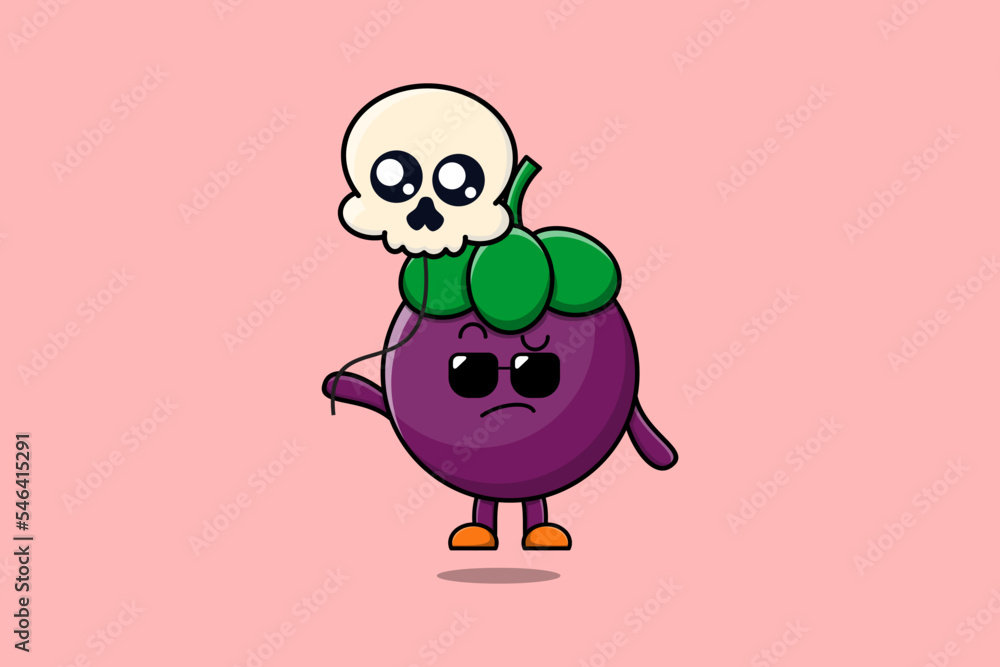 Cute cartoon Mangosteen floating with skull balloon in flat cartoon vector icon illustration