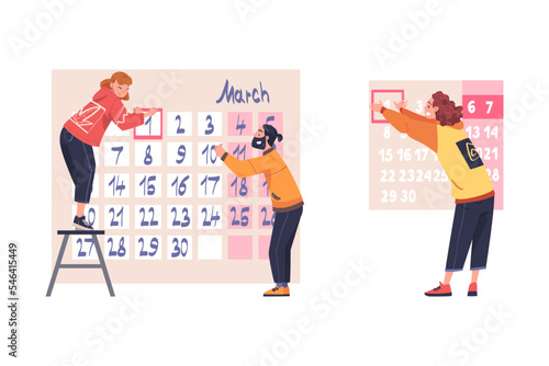 Man and Woman Character Planning Time and Event Managing Schedule Vector Set