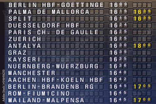 Flight Departures information board at Airport in Germany, Frankfurt destinations: Zurich, Paris, Antalya, Berlin, Dusseldorf, Split, San Francisco, Mallorca, Frankfurt, concept delay, arrival time