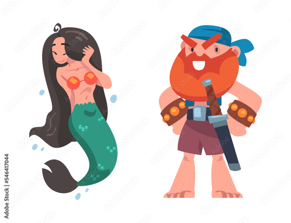 Bearded Pirate or Buccaneer with Saber and Mermaid with Fish Tail Vector Set