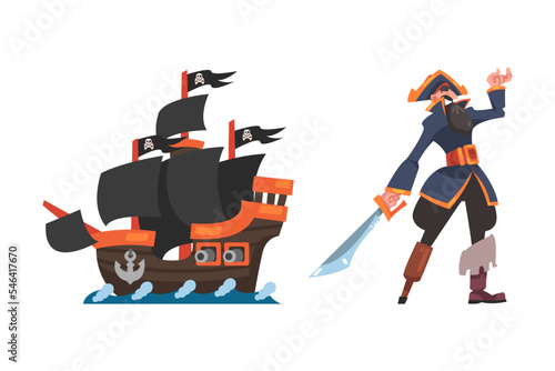 Fototapeta Pirate with Saber and Ship or Caravel with Black Sail and Flying Flags with Skul