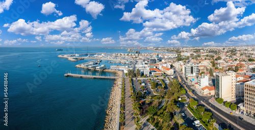 Island of Cyprus. Cityscape Limassol. Resort in Mediterranean. Republic of Cyprus from birds eye view. Panorama city of Limassol and sea. Cruise trip to Cyprus. Drone view of Limassol hotel buildings photo