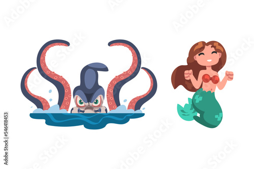Giant Octopus from Depths of the Sea and Mermaid with Fish Tail Vector Set