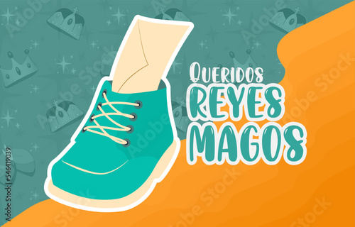 Poster del Día de los reyes magos. Carta a los reyes magos dentro de zapato sobre patrón de coronas.