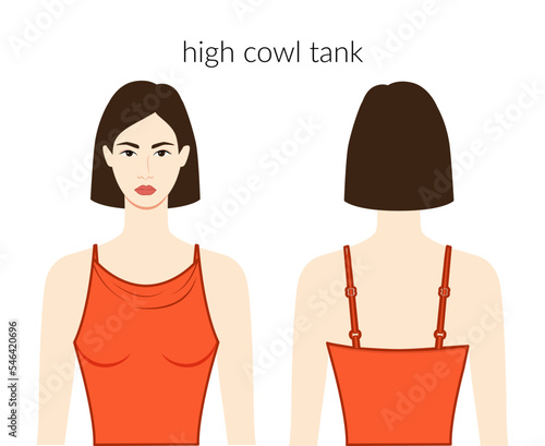 High cowl neckline tank clothes character beautiful lady in orange top, shirt, dress technical fashion illustration fitted body. Flat apparel template front, back sides. Women, men unisex CAD mockup