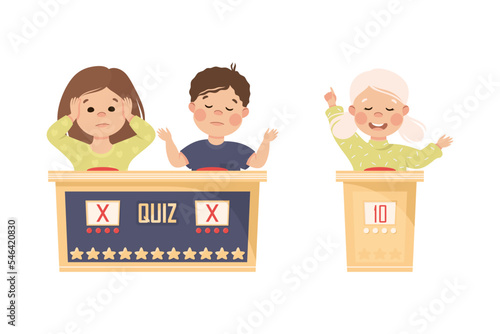 Kids Playing Quiz Game or Mind Sport Standing at Press Button Answering Question Vector Set