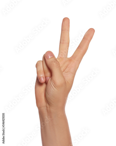 Man showing victory gesture on white background  closeup