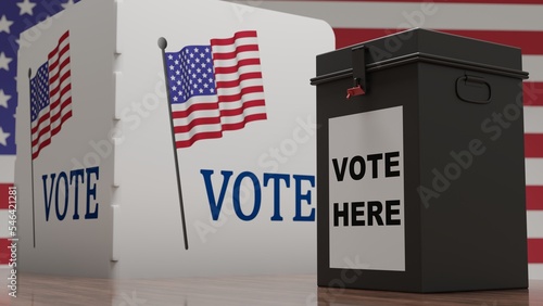 Canvas-taulu 3d rendering of ballot box written vote here and American voting booth with USA flag drawing and written vote, on wooden table and with USA flag in background, United States of America elections