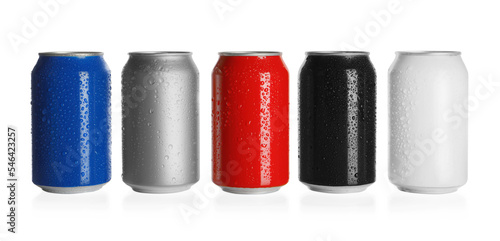 Aluminum cans with drinks on white background