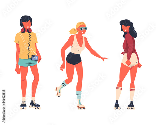 Retro Dressed Woman Roller Skater in Shorts Roller Skating and Smiling Vector Set
