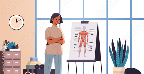 woman physiotherapist presenting human body organ system on board generation z lifestyle concept