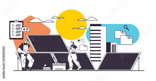 technician workers near solar panels station engineers checking alternative energy and using sunlight for producing electric