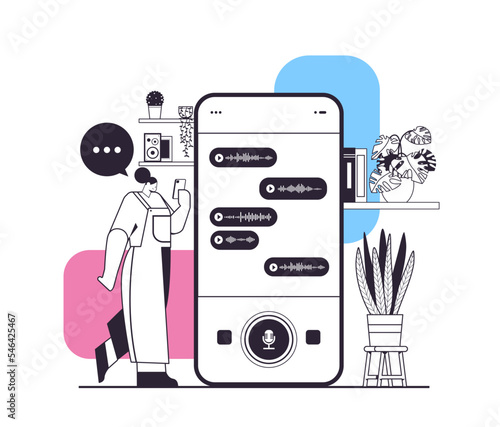 woman recording or listening voice messages on smartphone screen audio record sending online communication