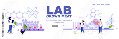scientists analyzing cultured red raw meat made from animal cells artificial lab grown meat production concept
