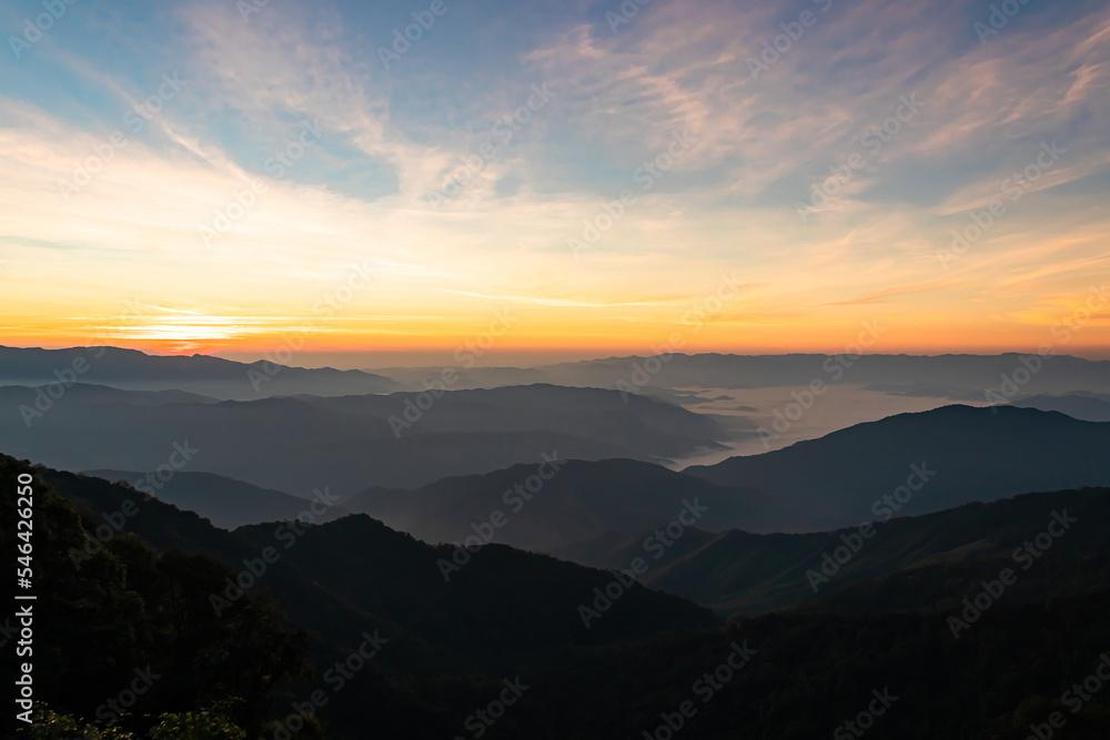 Beautiful Sunrise Over The Mountain Range At Doi Phu Kha National Park Of Thailand. Beautiful Sunrise Over The Mountain Range At Doi Phu Kha National Park Of Thailand.