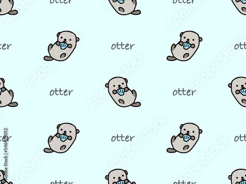 Otter cartoon character seamless pattern on blue background