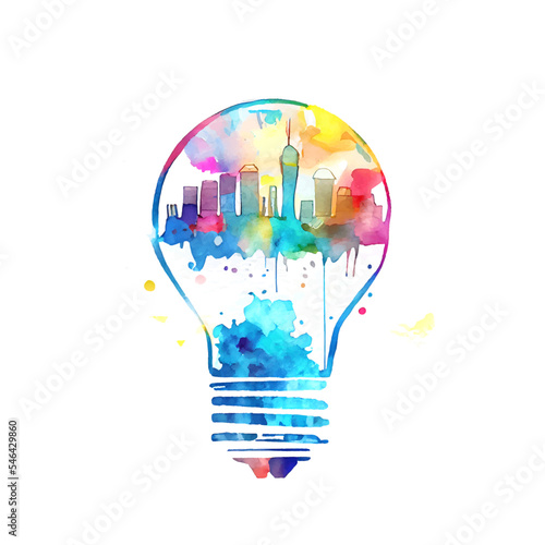 イラスト素材:電球と都市のイメージの水彩イラスト