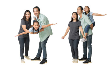 Happy asian family of father, mother and daughter hug spread out your arms, isolated on white background