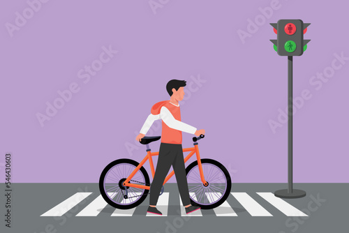 Cartoon flat style drawing of young man walking on a bicycle crossing the zebra crossing at crossroads. Cycling has become lifestyle for urban people. Healthy life. Graphic design vector illustration photo