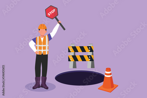 Character flat drawing young construction worker holding stop sign and standing next to under construction board which is located on hole side of road. Road repair. Cartoon design vector illustration