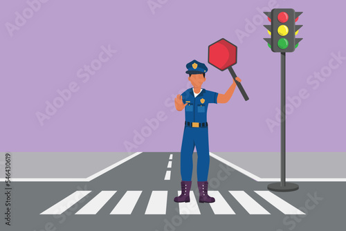 Graphic flat design drawing policeman on crossing path near traffic light, in full uniform, lifting traffic stop sign, controlling crowd of vehicles during rush hour. Cartoon style vector illustration