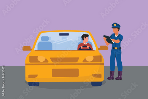 Cartoon flat style drawing policeman with uniform is ticketing a driver who uses a car for violating traffic signs. Regulations enforcement on roadway concept. Graphic draw design vector illustration