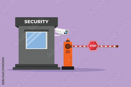 Character flat drawing automatic striped barrier gate with guard posts and CCTV monitor, guarding the entrance to the most important offices in the nation's capital. Cartoon design vector illustration photo