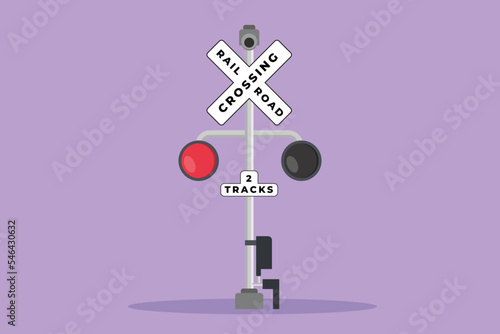 Character flat drawing of railway barrier with signs and warning lights in an open position that allows vehicles to cross railway lines. Train transportation system. Cartoon design vector illustration