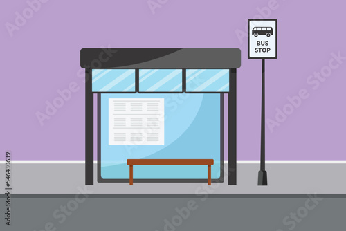 Graphic flat design drawing empty bus stop with shelter, simple bus sign, information poster and bench located on side of urban roads where passengers get on and off. Cartoon style vector illustration