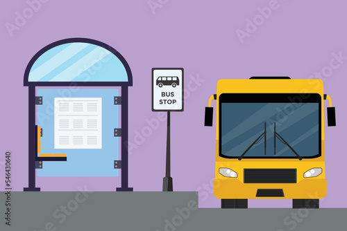Character flat drawing bus stop with shelter, simple bus sign, information poster, bench and yellow bus waiting passengers to get on and off, continue the journey. Cartoon design vector illustration