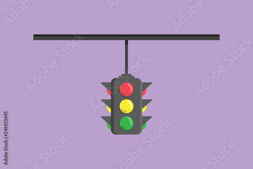 Cartoon flat style drawing traffic lights that are placed hanging above the highway crossing. There are four direction traffic lights. Red, yellow, green light sign. Graphic design vector illustration