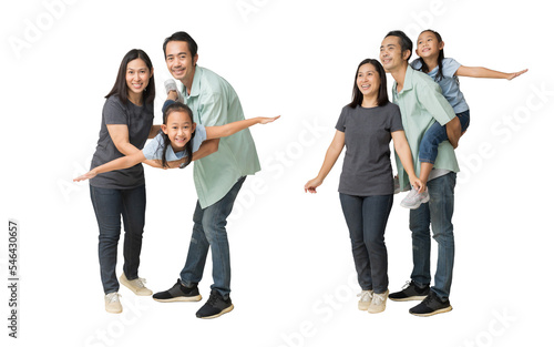 Happy asian family of father, mother and daughter hug spread out your arms, isolated on white background