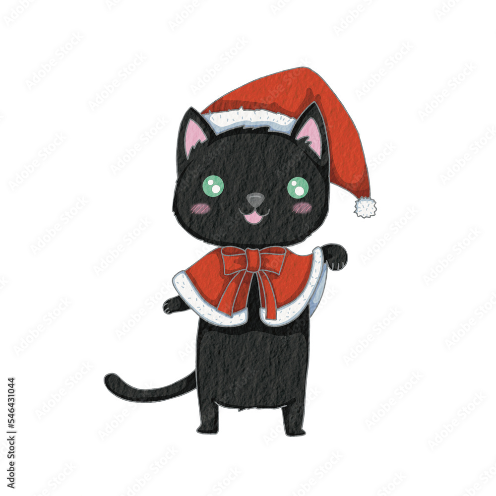 Black cat in Christmas costume cartoon character illustration for decoration on Christmas holiday event and new year.