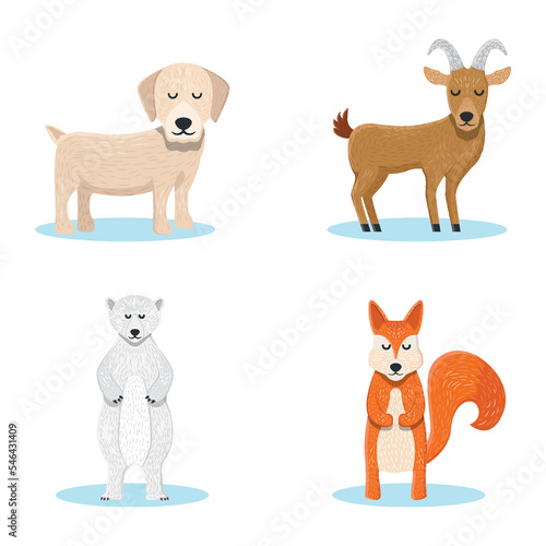 domestic animals set in cartoon style isolated on white background. Vector illustration. Cute animals collection  dog  goat  squirrel  polar bear