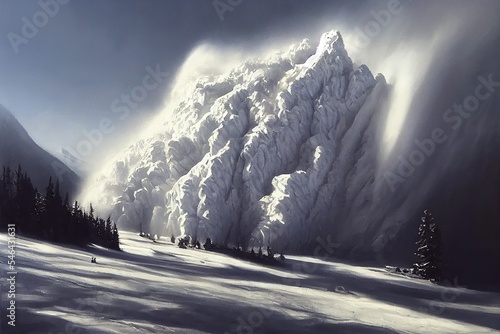 Photo massive snow avalanche destroyed a mountain and made wall of ice