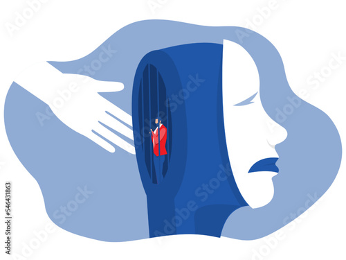 Important symptom, Human hands helping sad or depresssion man in cage head human  mental health concept  flat vector illustration