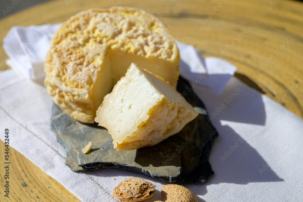 Tasting of local portuguese matured cheese queijo serpa,  Setubal area, Portugal